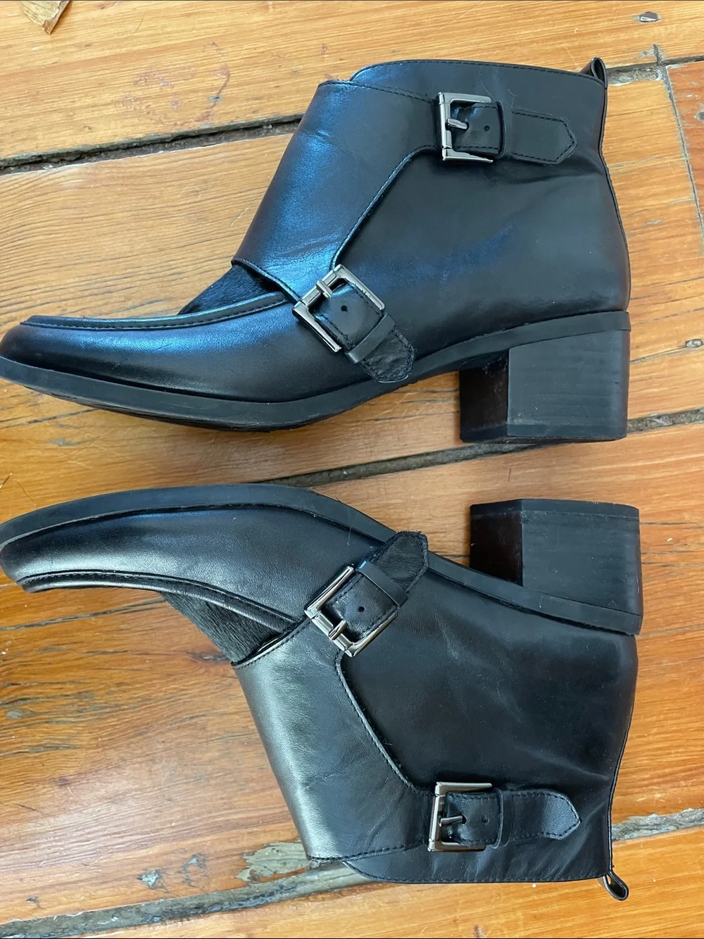Anne Klein Women's Black Leather Ankle Booties with Buckle Detail